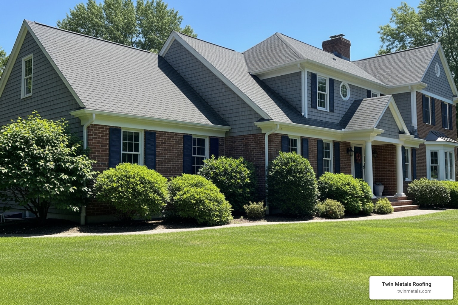 The Sudbury Guide to Gutters That Don’t Quit Residential home featuring a combination of shingle and brick exterior, well-maintained landscaping, and a clear blue sky, showcasing quality roofing solutions by Twin Roofing.